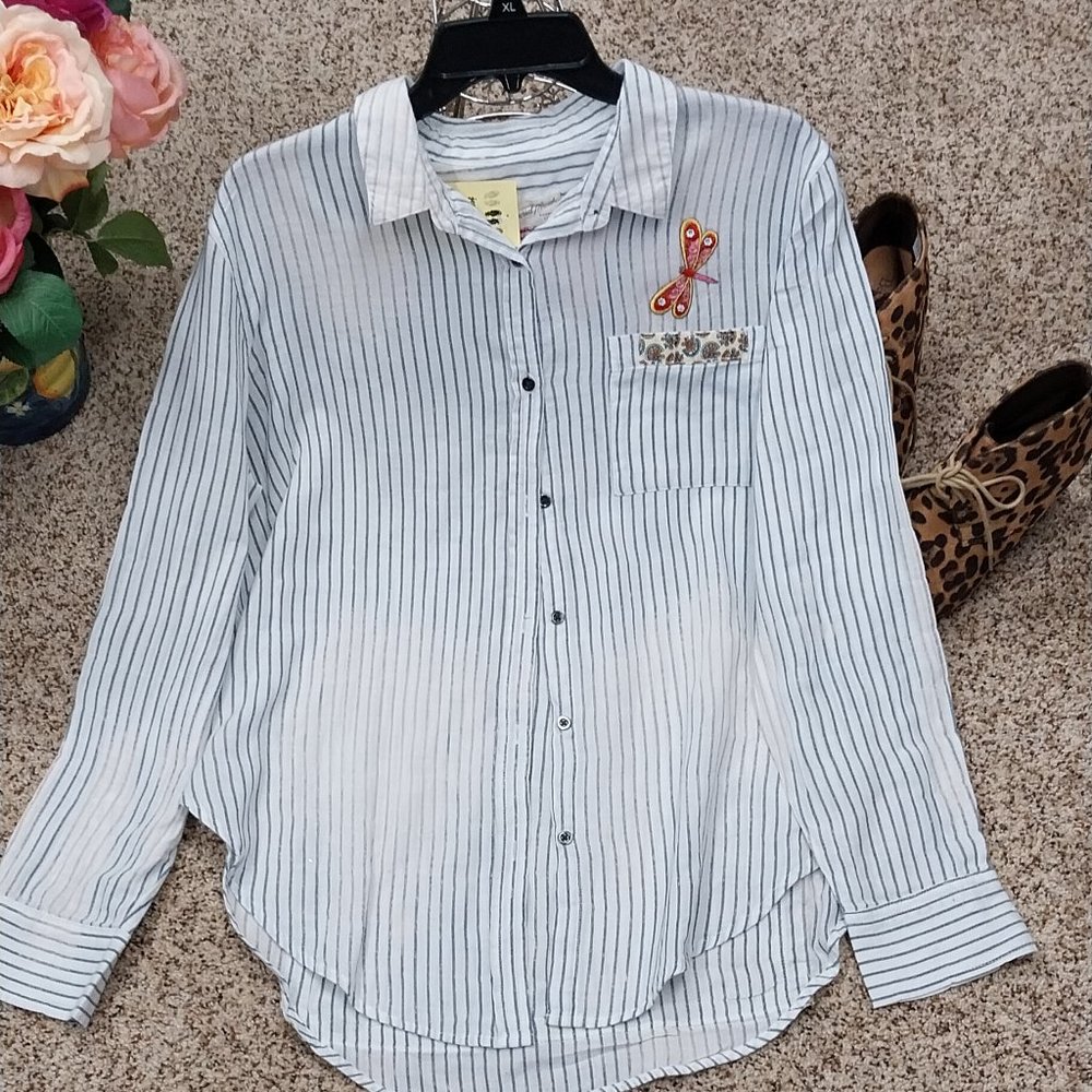 2896 Size 1X Universal Thread Blue and White Upcycled Button Down Shirt - Picture 2 of 8